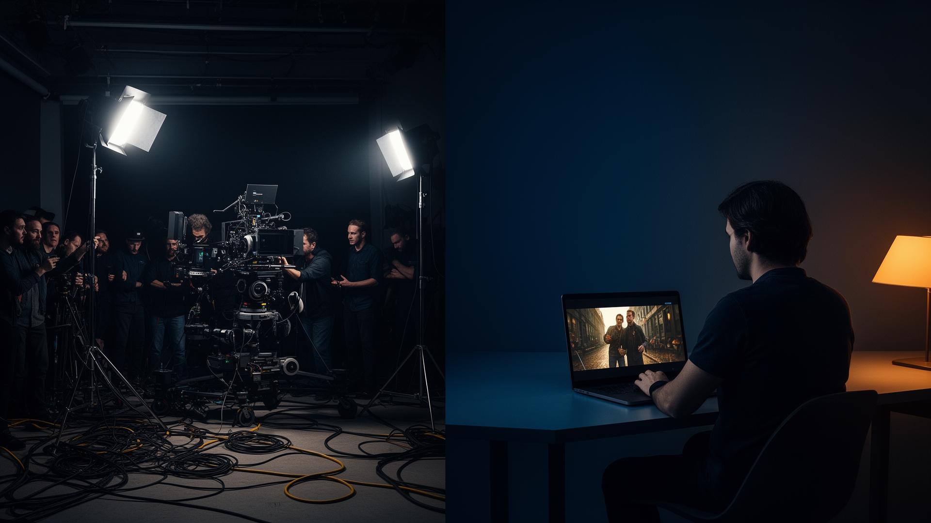 Cinematic split composition showing expensive film production studio with full crew on the left versus a single person creating the same quality content on a laptop on the right — illustrating how AI tools have democratised professional visual production