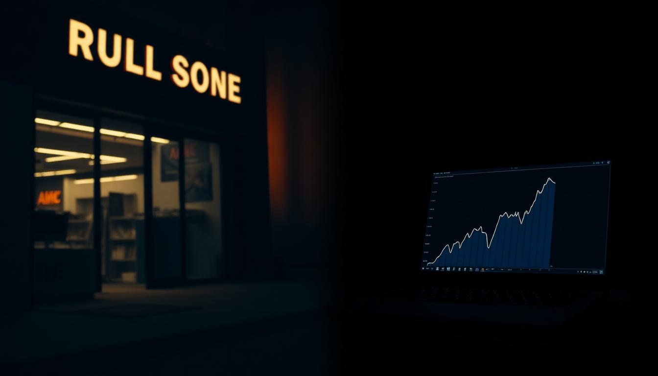 Empty abandoned retail store at night next to a laptop showing a rising growth chart, illustrating the contrast between disrupted businesses and digital innovation