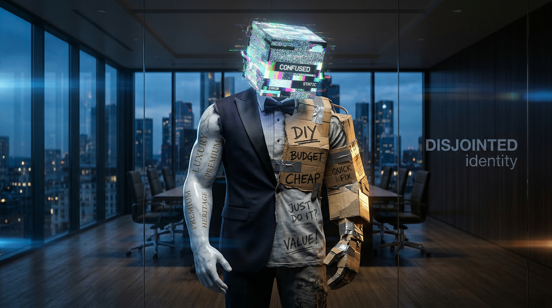 Frankenstein monster in a business suit representing disjointed branding and mismatched business identity