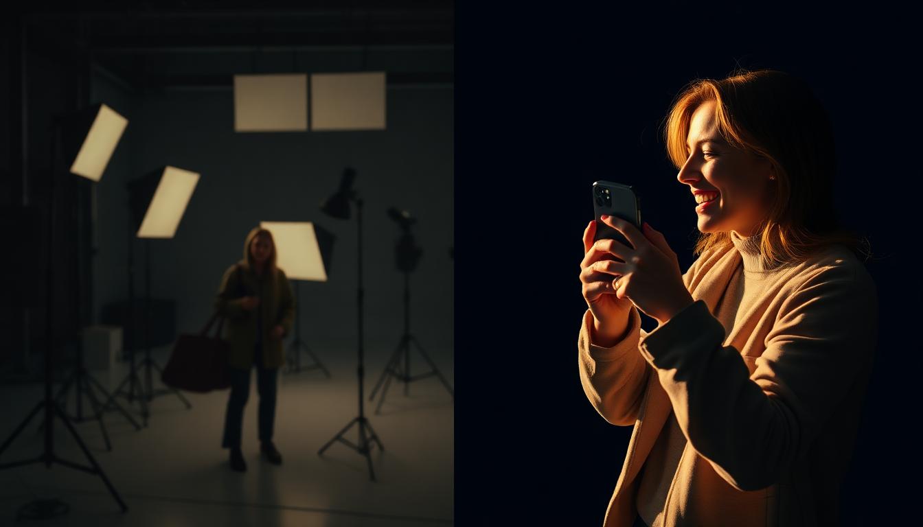 Split comparison of overproduced studio brand photoshoot versus authentic phone-filmed content showing the shift in social media engagement