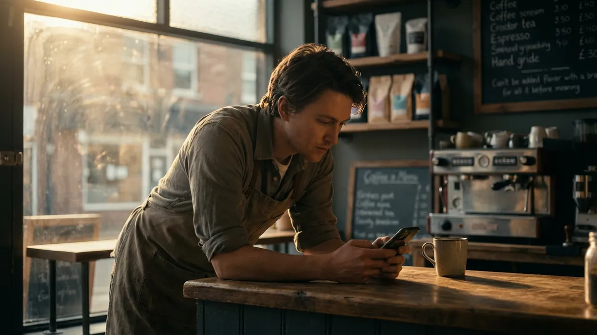 Local business owner checking social media on their phone behind the counter of their independent coffee shop in warm morning light