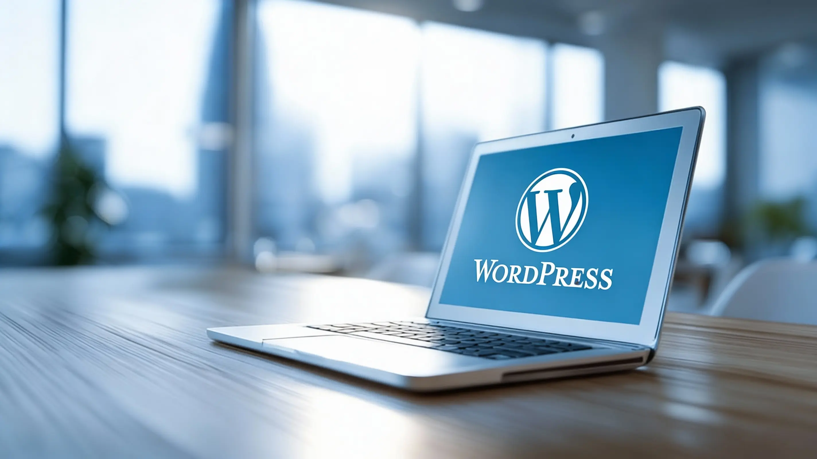 WordPress logo displayed on a laptop screen in a modern office, representing WordPress website development and management.